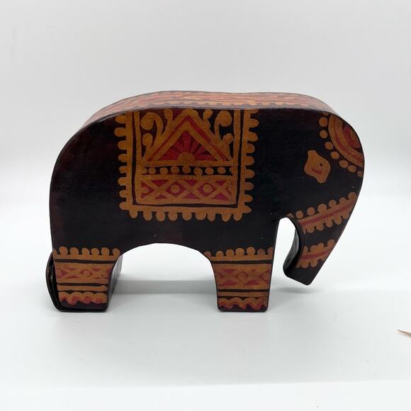 Leather Elephant Piggy Bank Tooled Coin Brown Red Boho Retro 7"x5" India Whimsy - Picture 2 of 6
